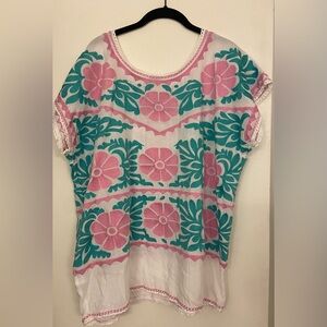 J. Marie Pink Flower Embroidered Short Sleeve Blouse Size Large